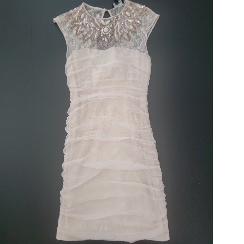 Bebe Womens Pink Lace Beaded Ruched Mesh Bodycon Cocktail Dress XS‎